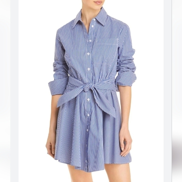 LINI Dresses & Skirts - Lini Blue White Striped Shirt Dress Small Button Front Tie Waist Circle Skirt